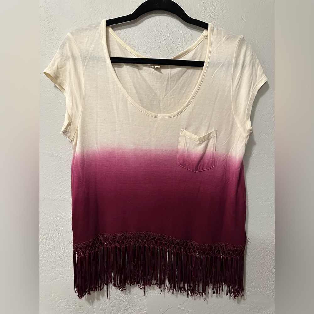 Empyre Women’s Sheer Front Pocket Ombre Fringe Tassel Bottom Cropped Shirt Top